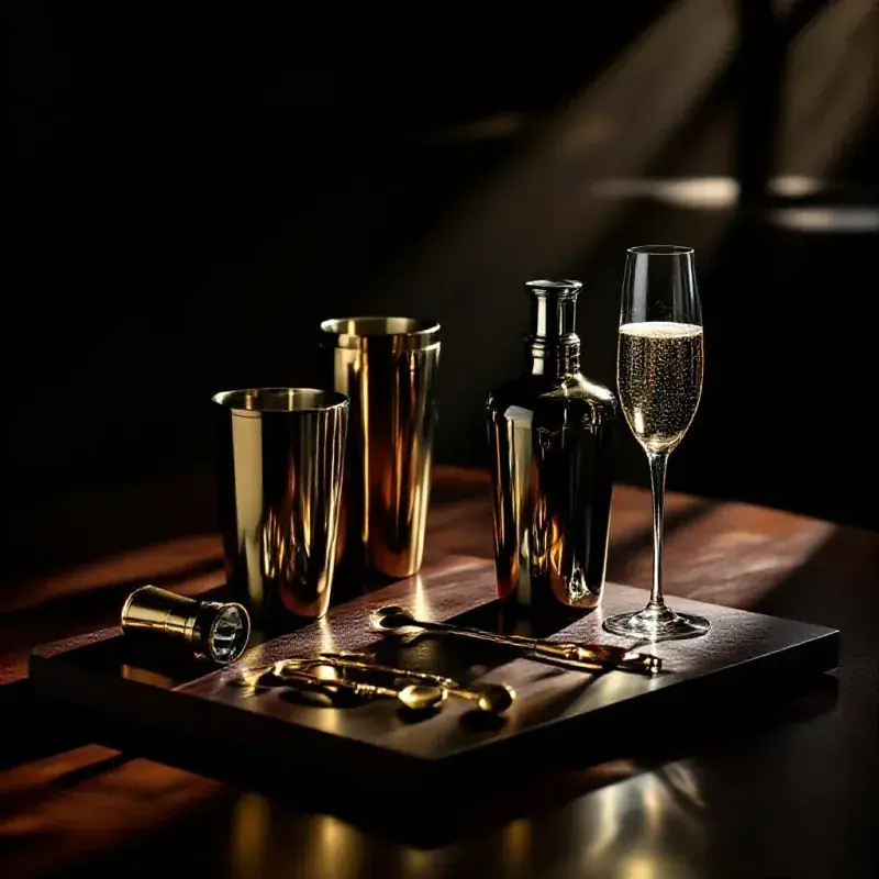Luxury barware collection on a dark wood surface