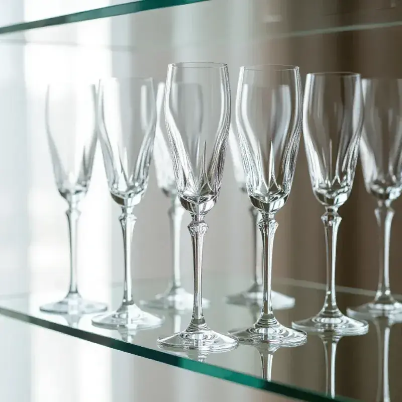Set of crystal champagne flutes and tulip glasses on a