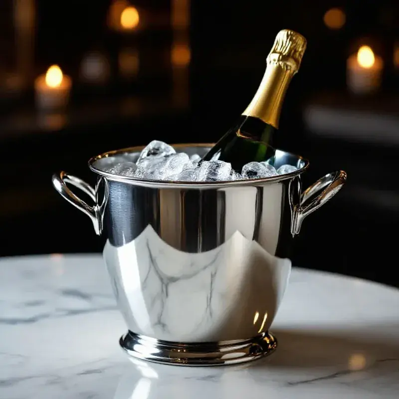 Polished silver champagne ice bucket with handles on a marble