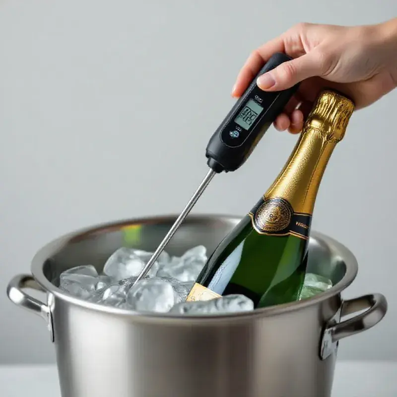 Digital wine thermometer probe being inserted into a champagne ice
