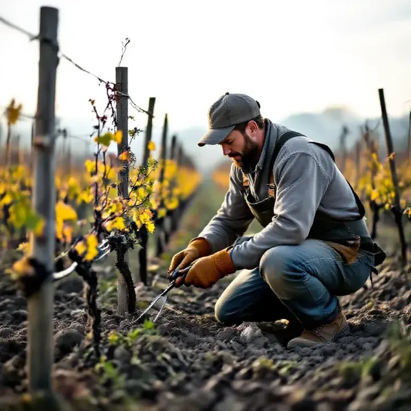 Independent vigneron in work clothes pruning vines in early spring