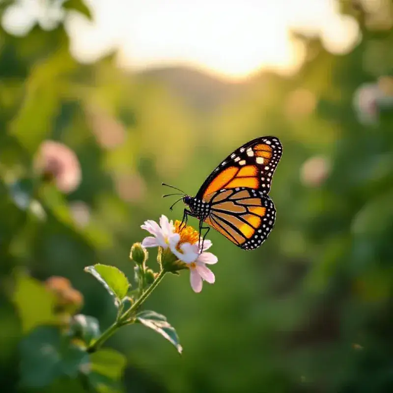 Butterfly landing on a flowering plant between champagne vine rows