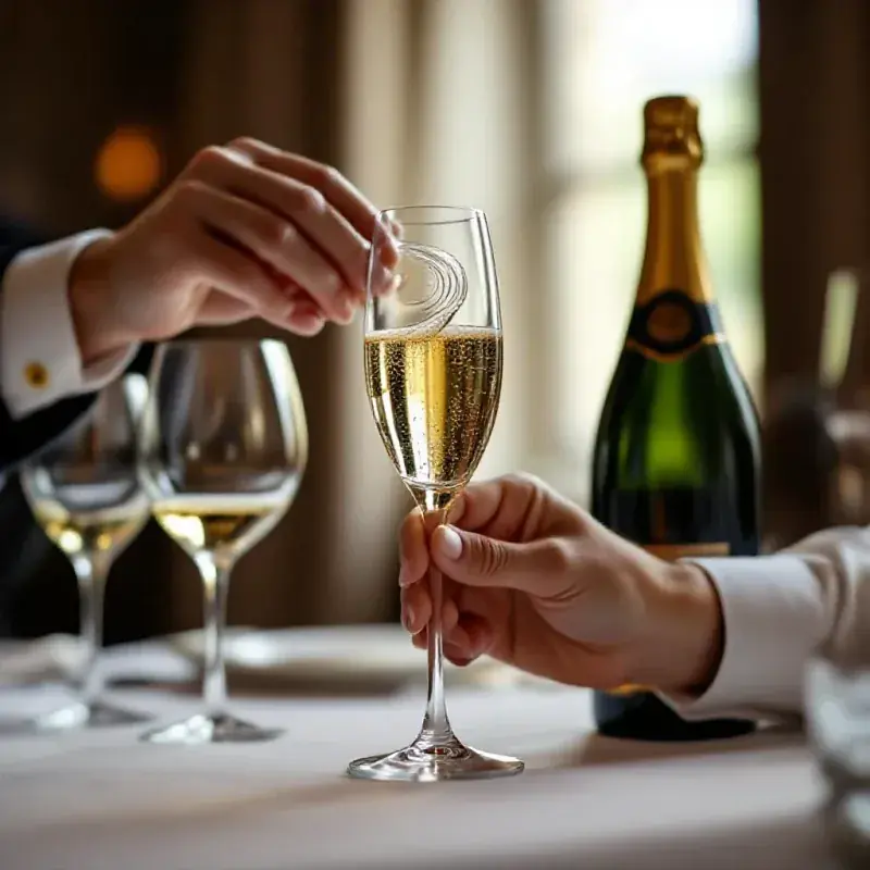 Champagne sommelier carefully swirling a crystal flute at a tasting