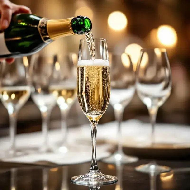 Champagne being poured with precision into a crystal flute