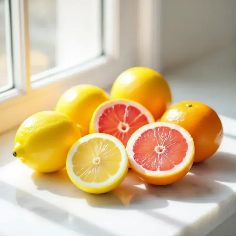 Fresh citrus fruits on a pale marble surface