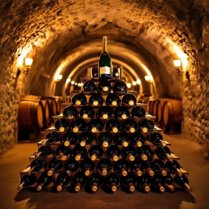 Champagne bottles stacked in a classic pyramid lattice position (sur