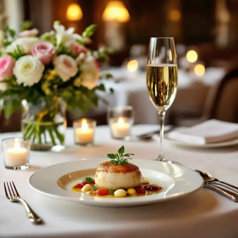 Refined gastronomic table with champagne flute beside a beautifully plated