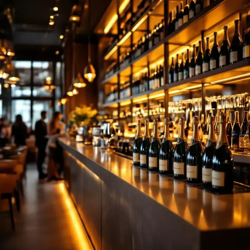 Modern champagne bar interior with a long sleek counter