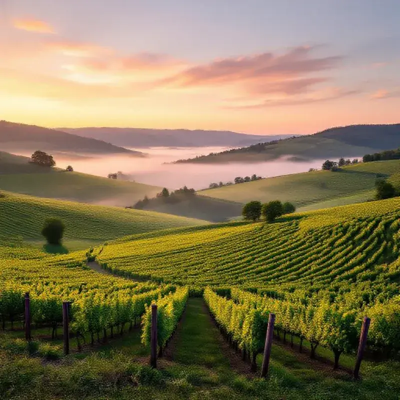 Elevated view of Champagne vineyard rows on a gently sloping