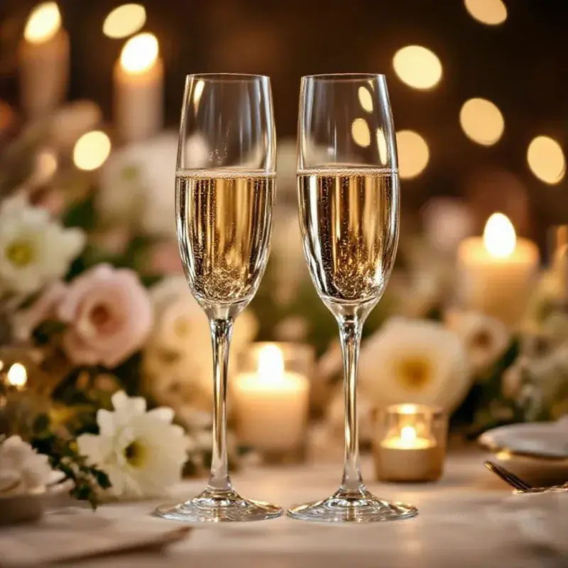 Intimate champagne celebration scene with two elegant crystal flutes being