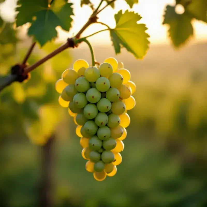 Cluster of green Chardonnay grapes hanging in a vineyard against