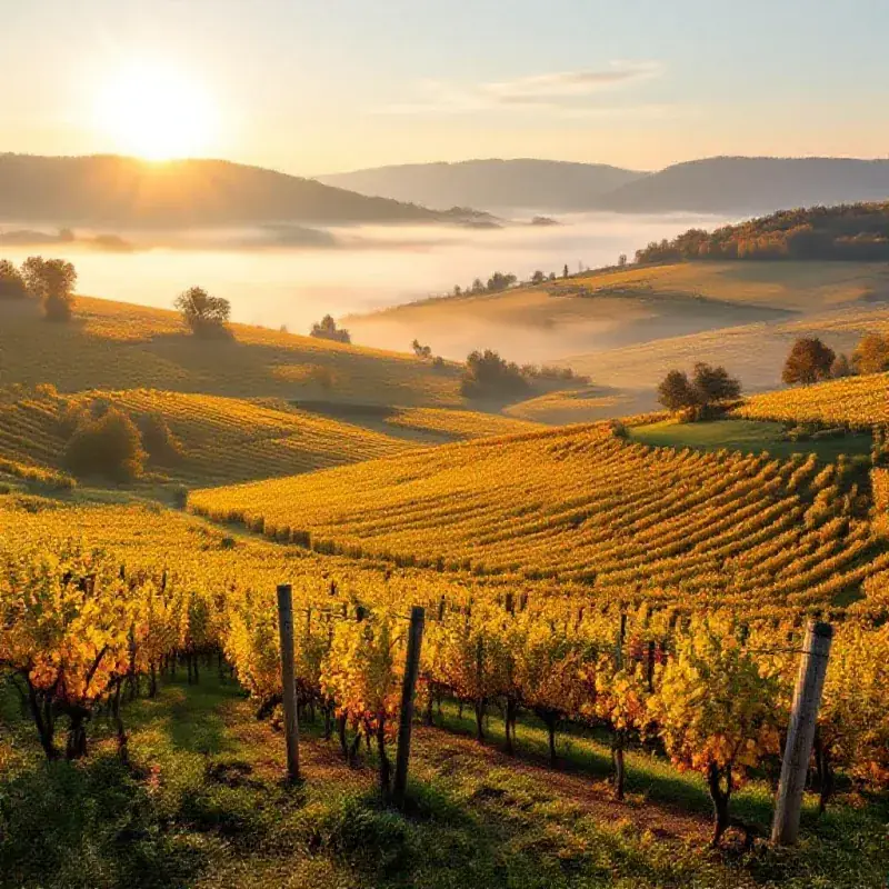 Autumn landscape of Champagne vineyards with leaves turning gold and