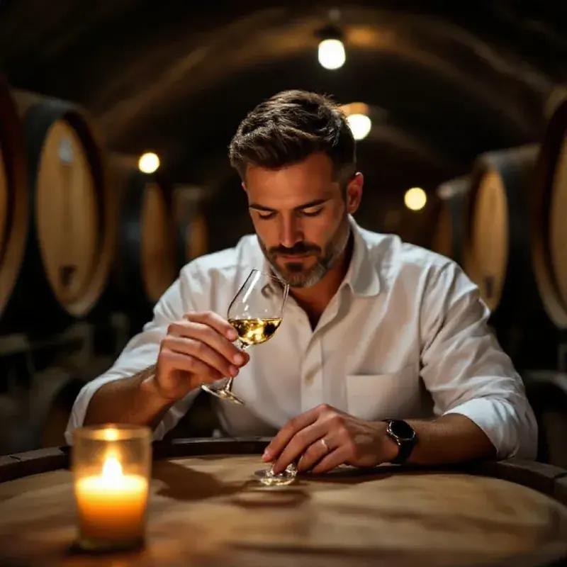 Cellar master tasting a glass of clear wine from a