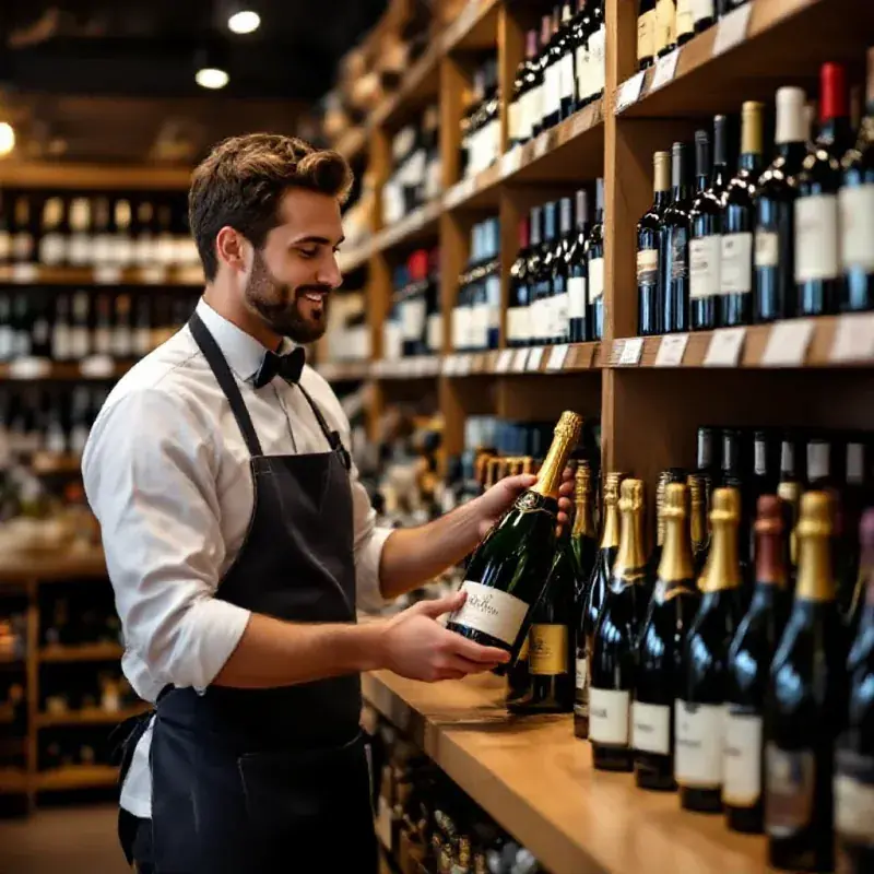 Expert sommelier in elegant apron standing beside a customer in
