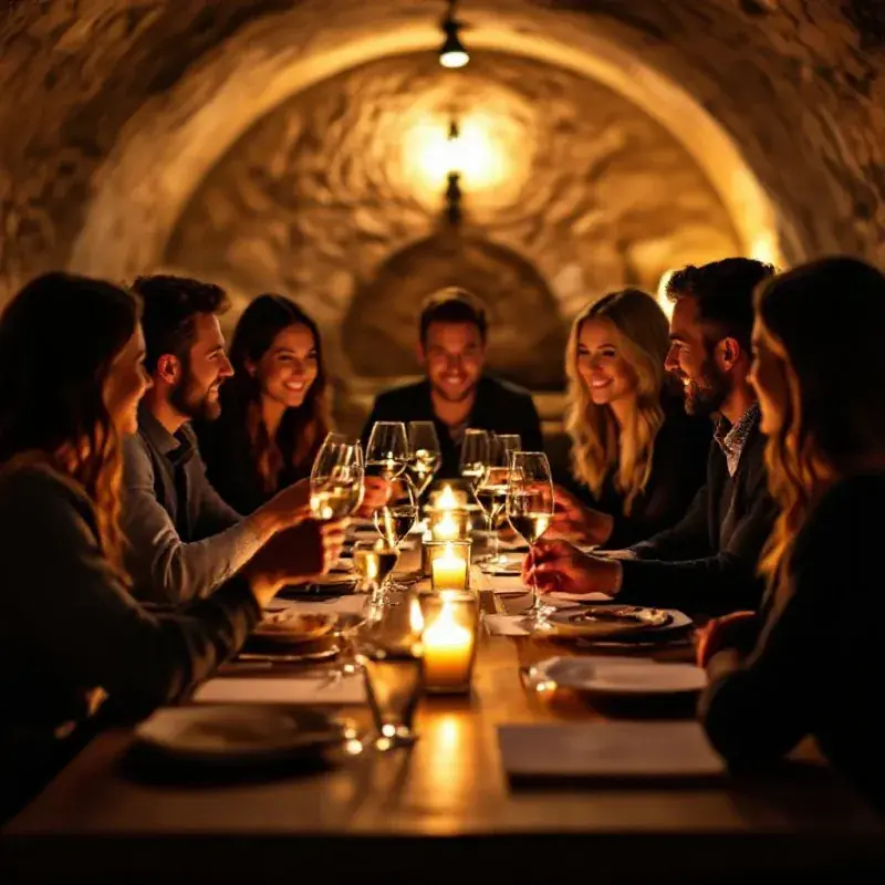 Intimate champagne tasting event in a modern wine cellar space