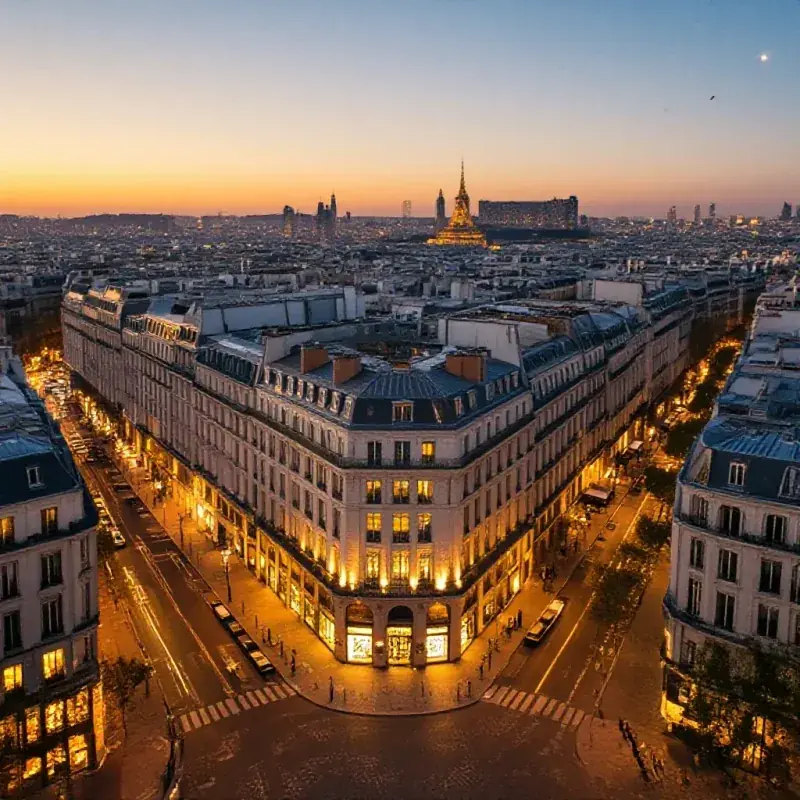 Aerial view of Haussmann Parisian boulevard at dusk with warm