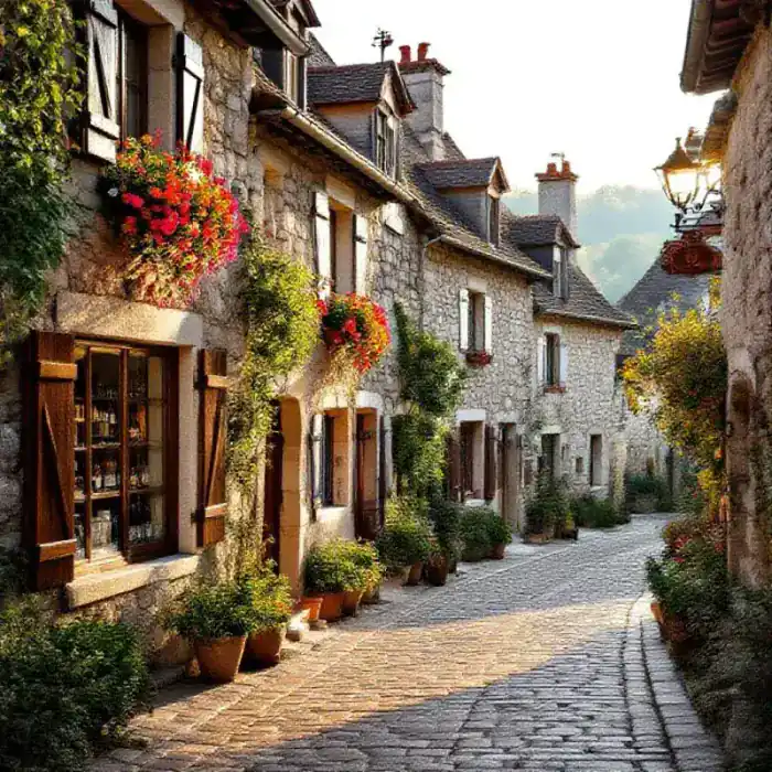 Charming French village with stone houses and a cobblestone street