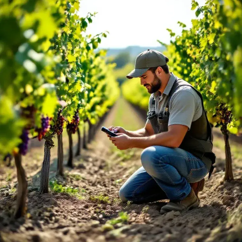 Vineyard technician kneeling between vine rows studying grape sugar content