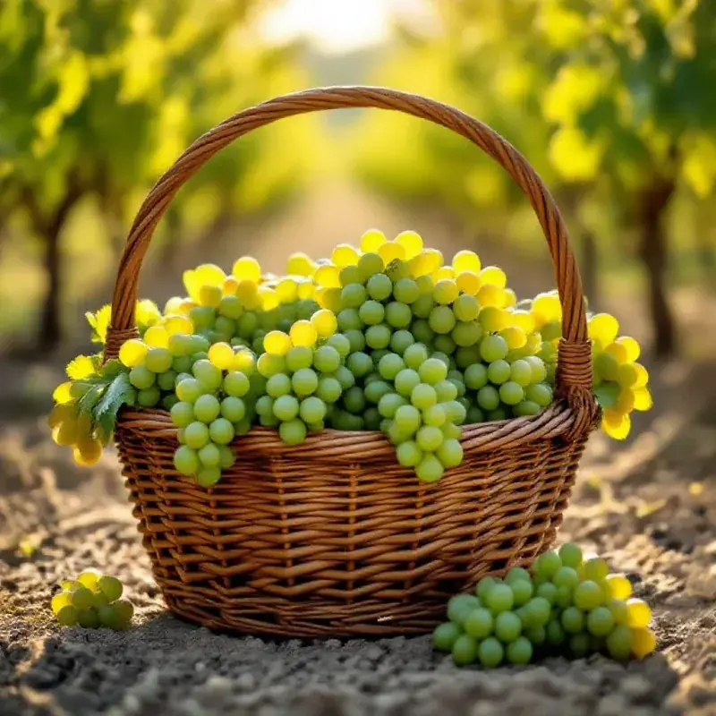 Traditional willow harvest basket overflowing with freshly picked green champagne