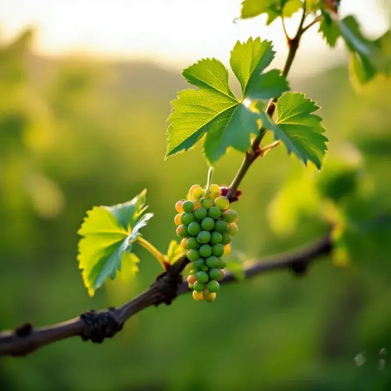 Single vine shoot covered in green young leaves and small