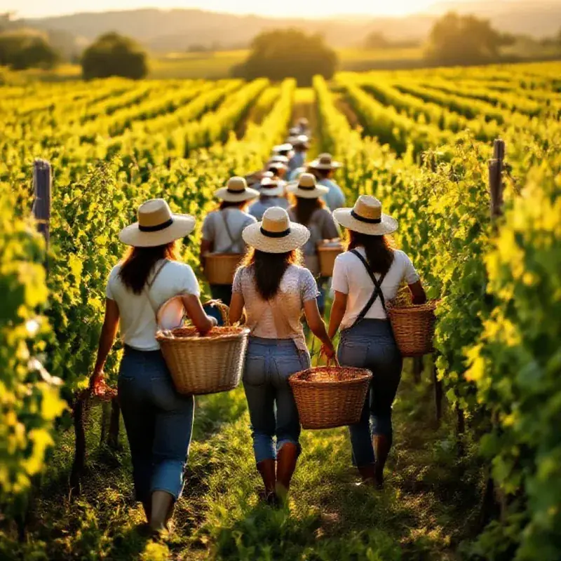 Group of harvest workers in straw hats carrying baskets through