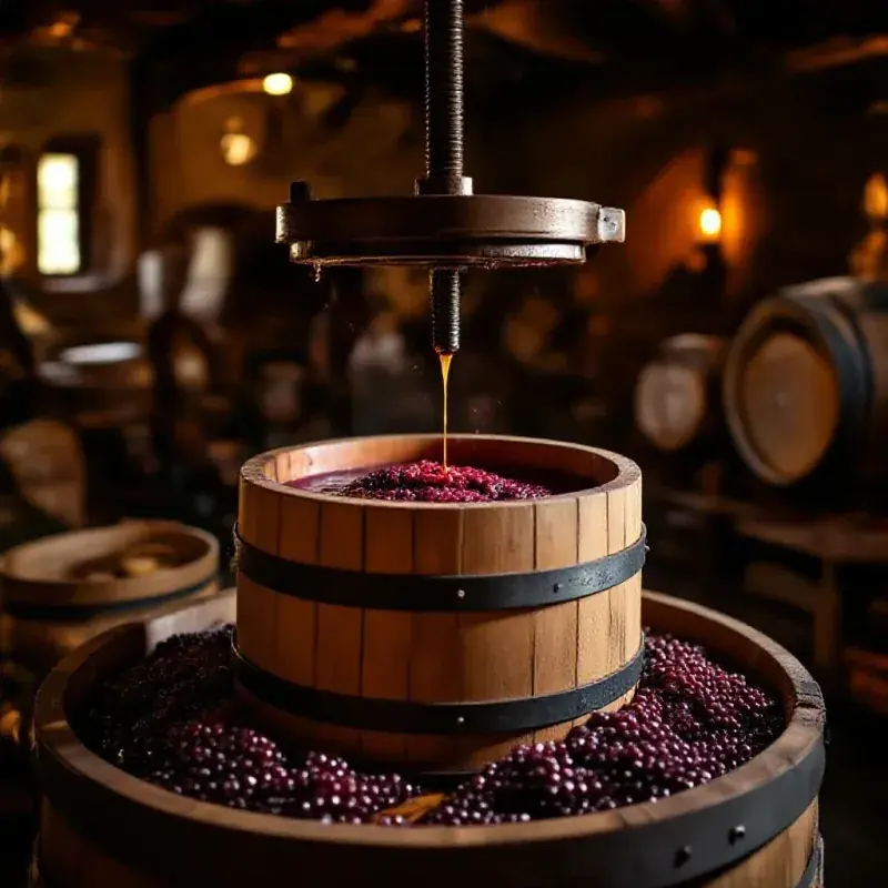 Traditional wooden champagne press with grape skins and juice visible
