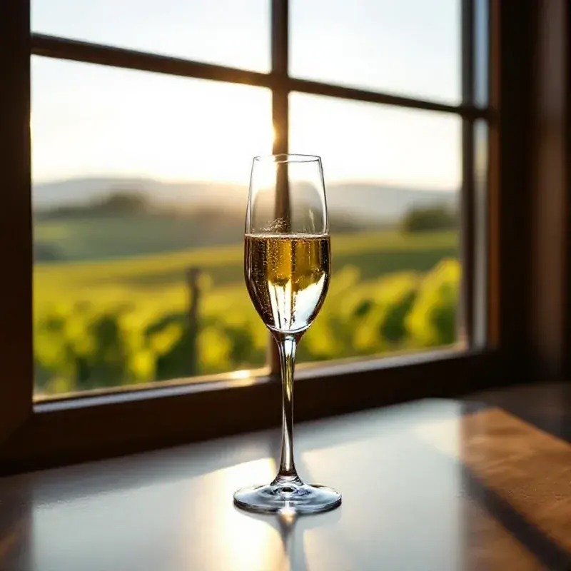 Champagne flute on a table beside a window with vineyard