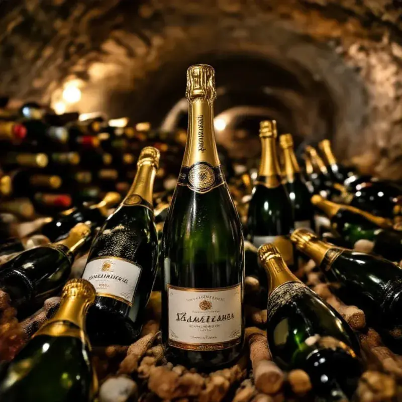 Champagne bottles aging on lees in a cool underground cellar