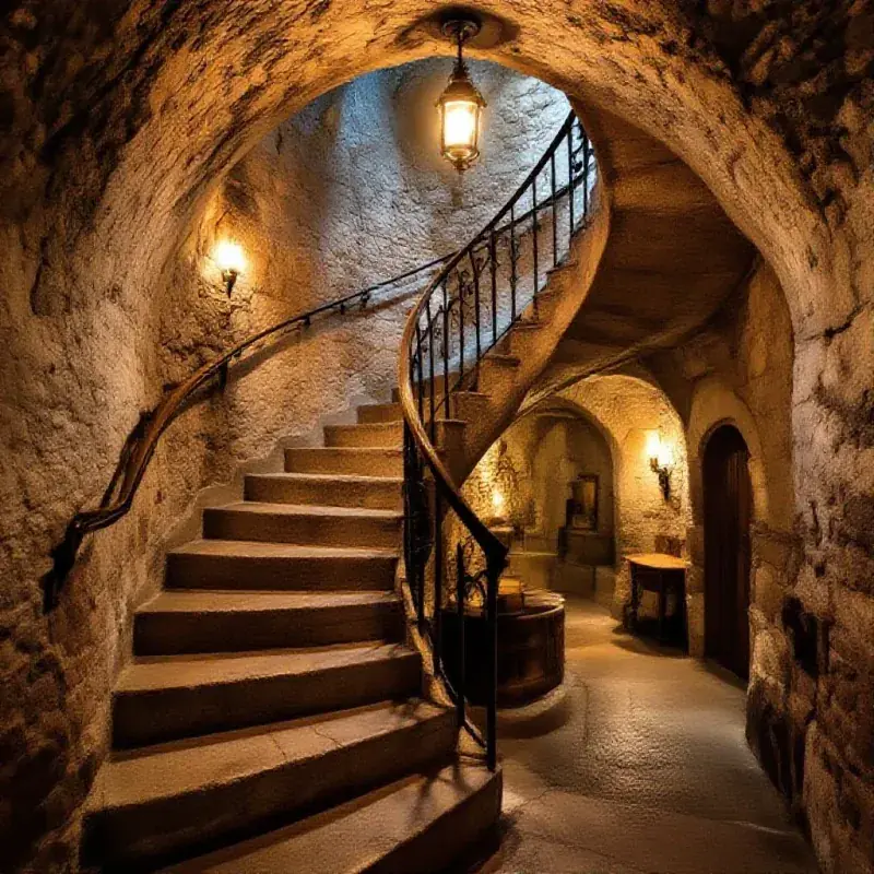 Winding stone staircase descending into a historic champagne cellar