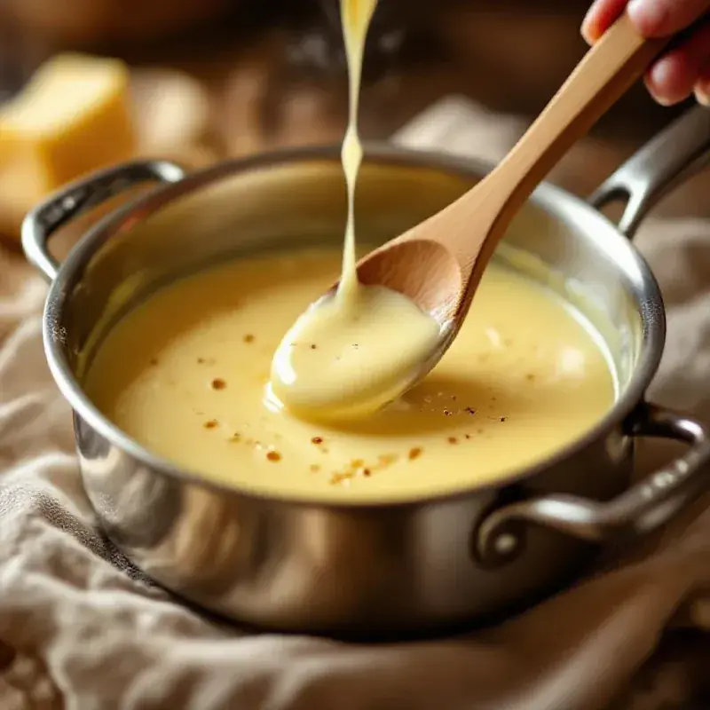A shimmering creamy champagne beurre blanc sauce in a small
