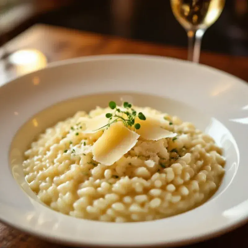 A beautifully plated creamy champagne risotto in a deep white
