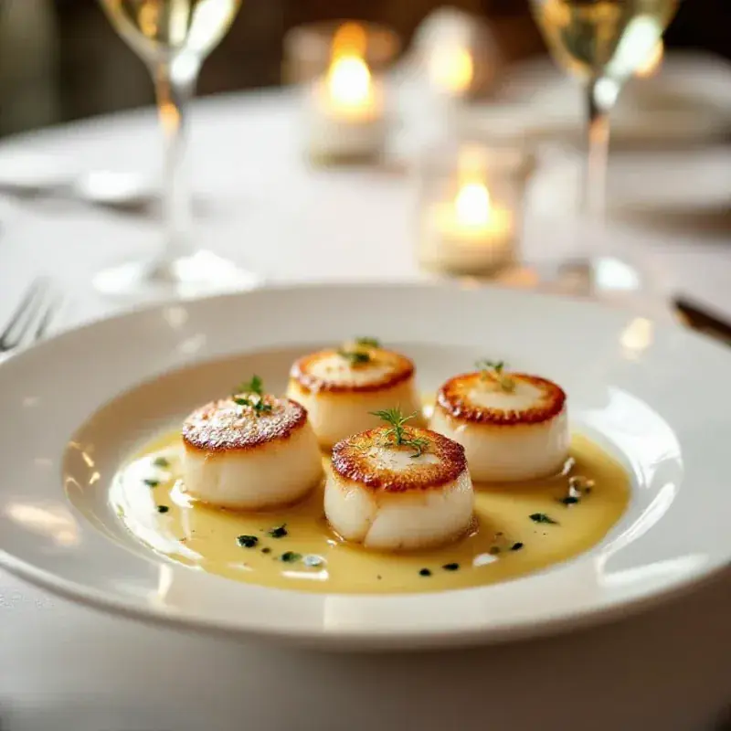 Pan-seared scallops plated on a white porcelain plate with champagne