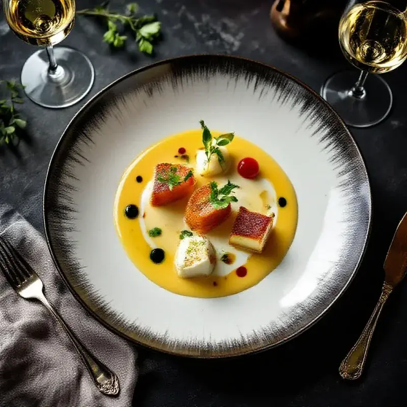 An elegant gastronomic plate presented in a dark-background studio setting