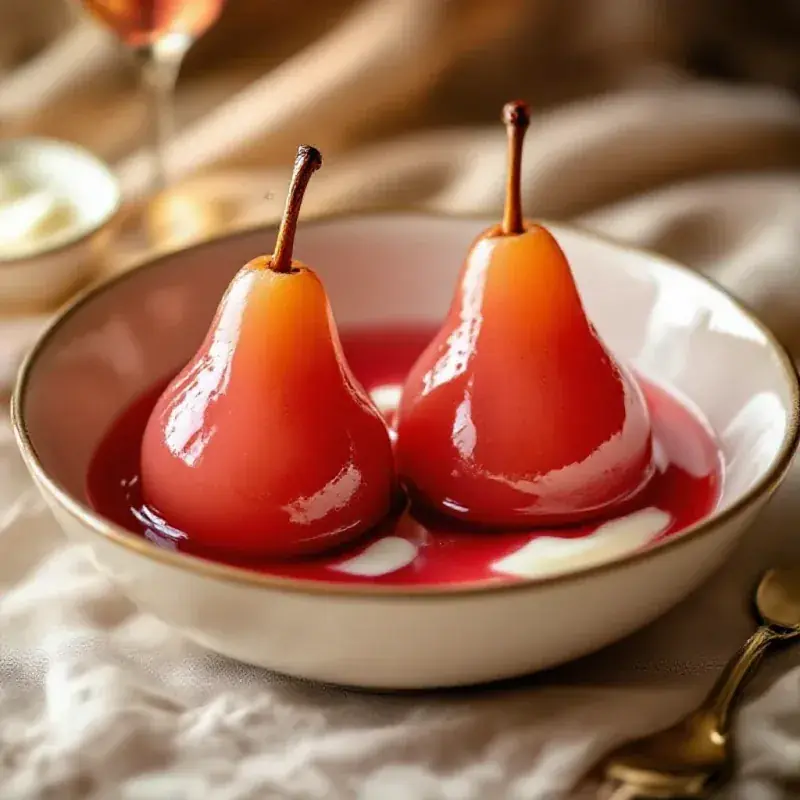 Two whole pears poached in champagne rosé syrup