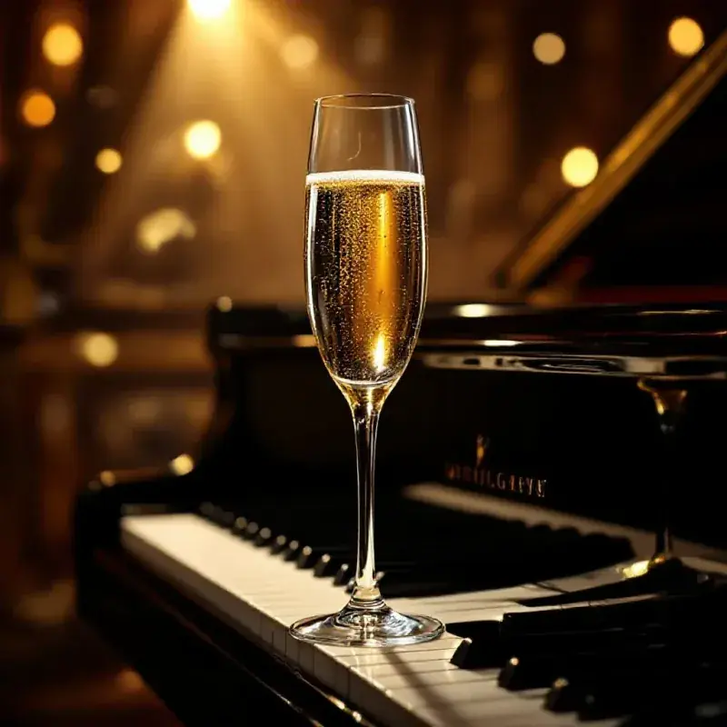 Close-up of a champagne flute placed on the lid of