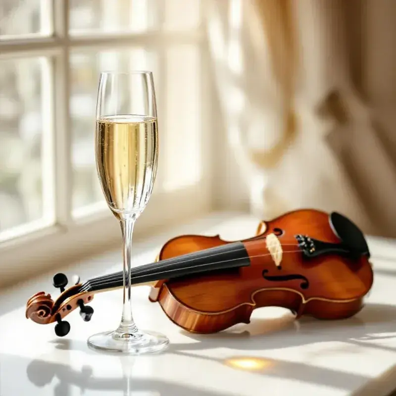 Elegant violin resting beside a champagne flute on a white