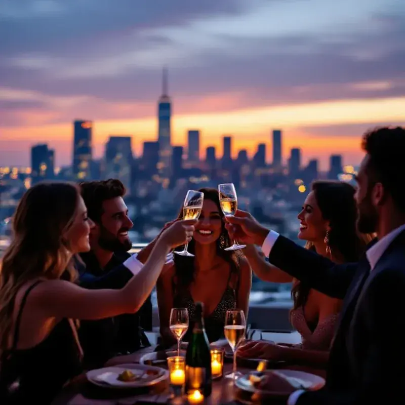 Urban rooftop party scene at dusk with young people in