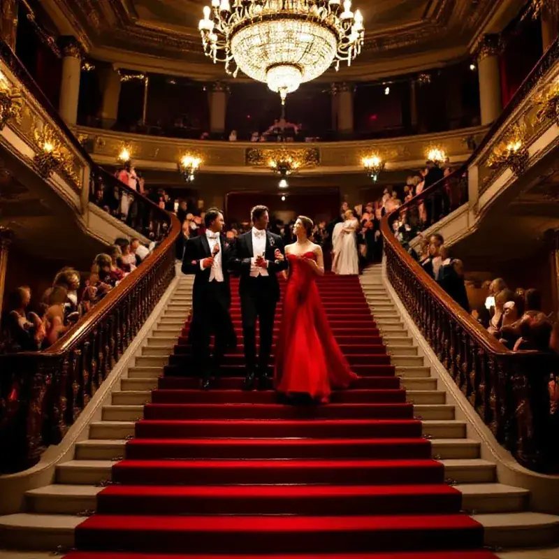 Opera house grand staircase with red velvet carpet