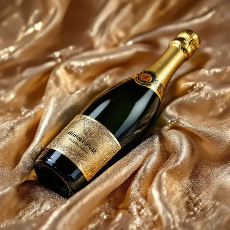 Close-up of shimmering gold fabric texture draped over a champagne