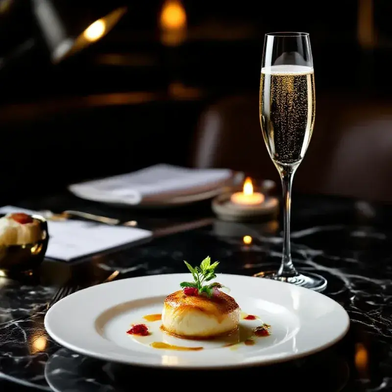 Gourmet champagne pairing scene with an elegantly plated dish on