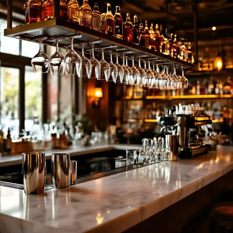 An upscale cocktail bar interior with marble counter