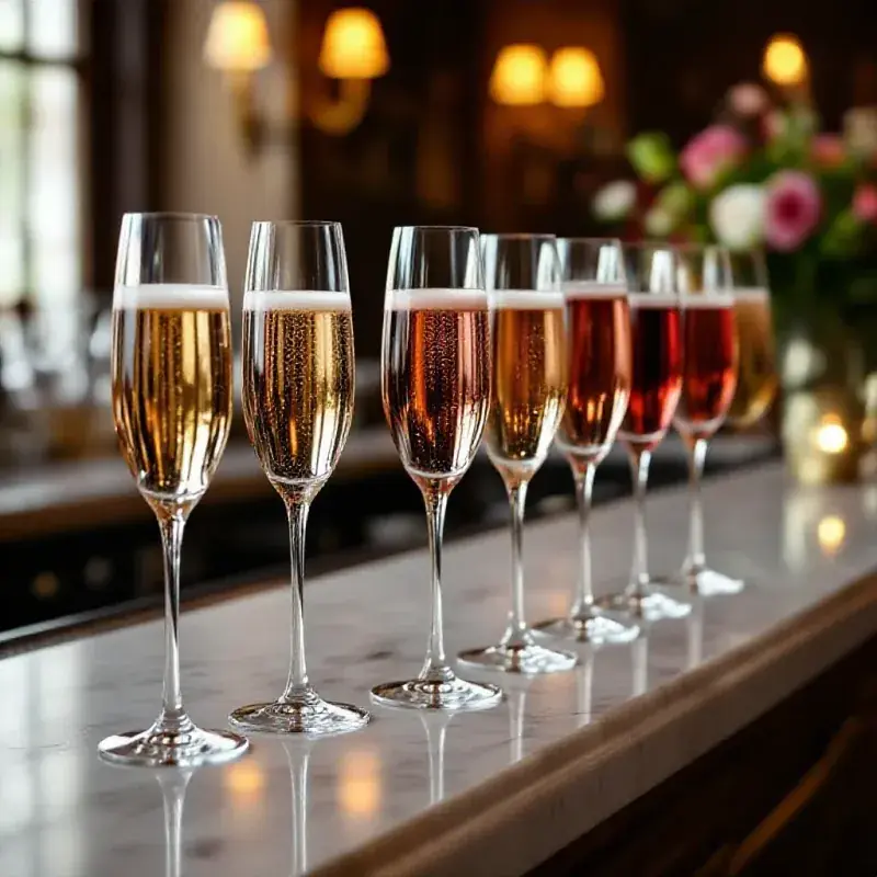 A row of elegant champagne flutes and coupes on a