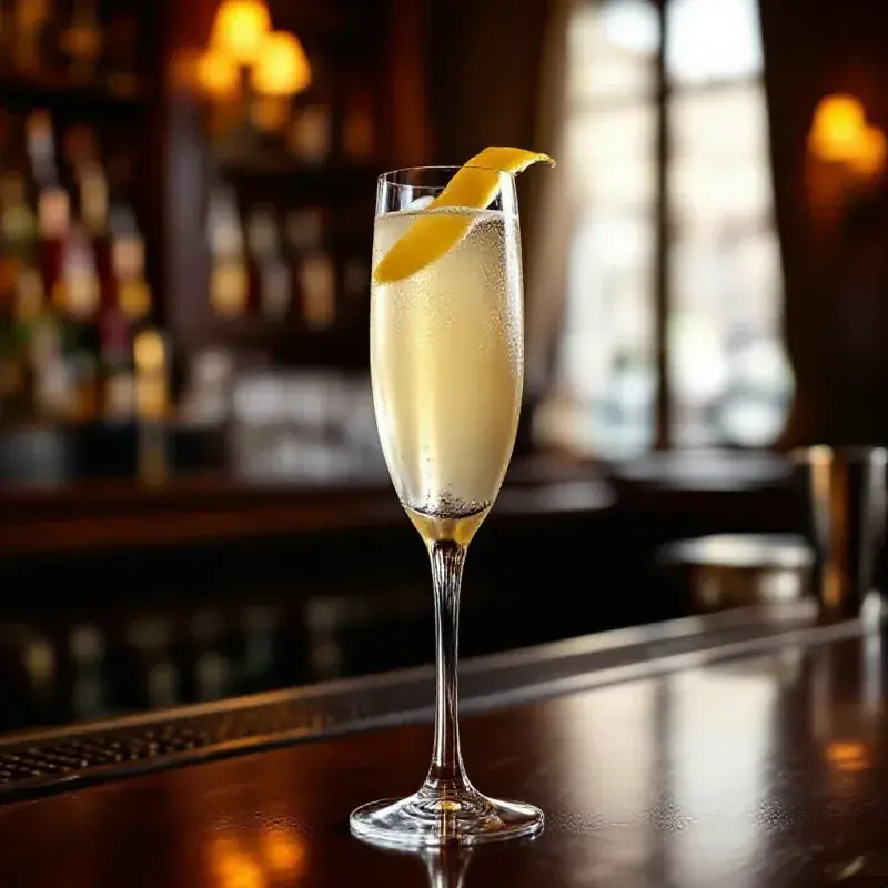 A French 75 cocktail in a tall champagne flute