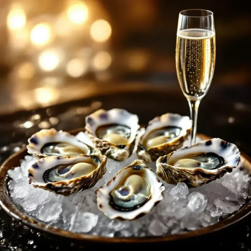 A close-up of fresh oysters on crushed ice with a