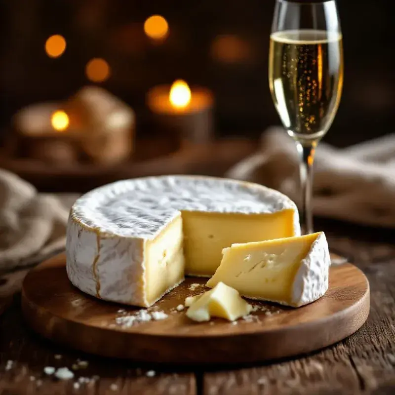 A beautiful aged French cheese wheel on a wooden board
