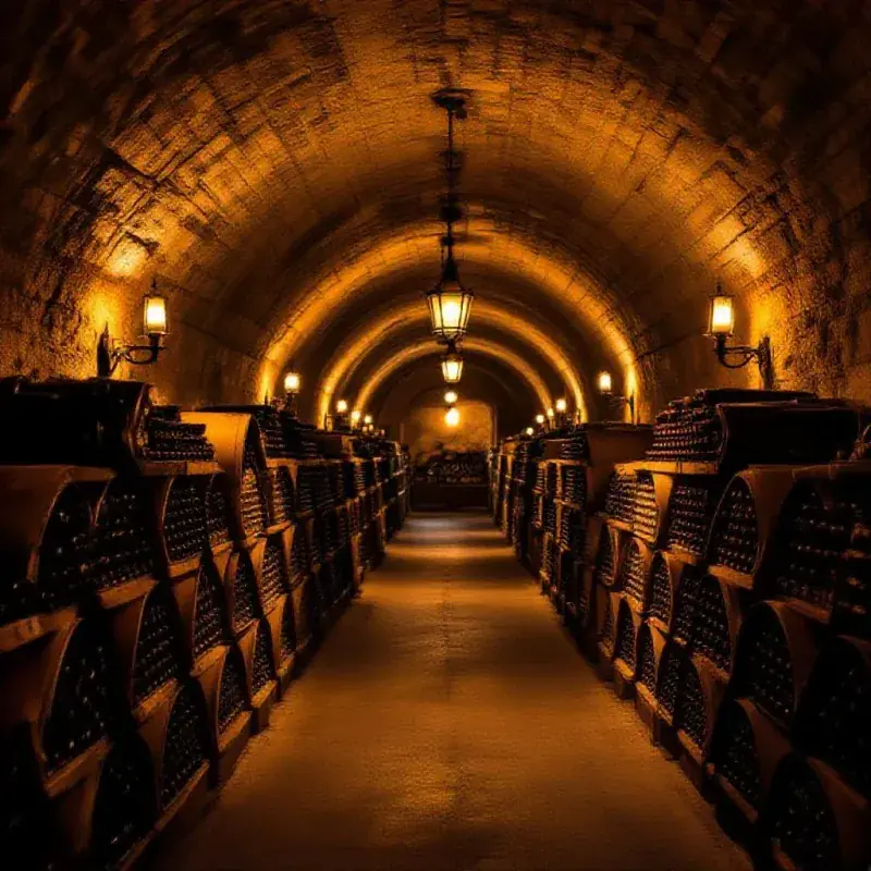 A long historical chalk-hewn cellar corridor with vaulted low ceiling