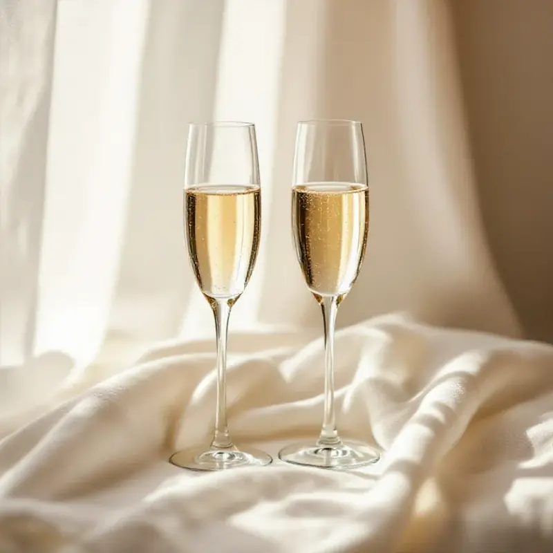 Two empty champagne flutes drying after washing on a white