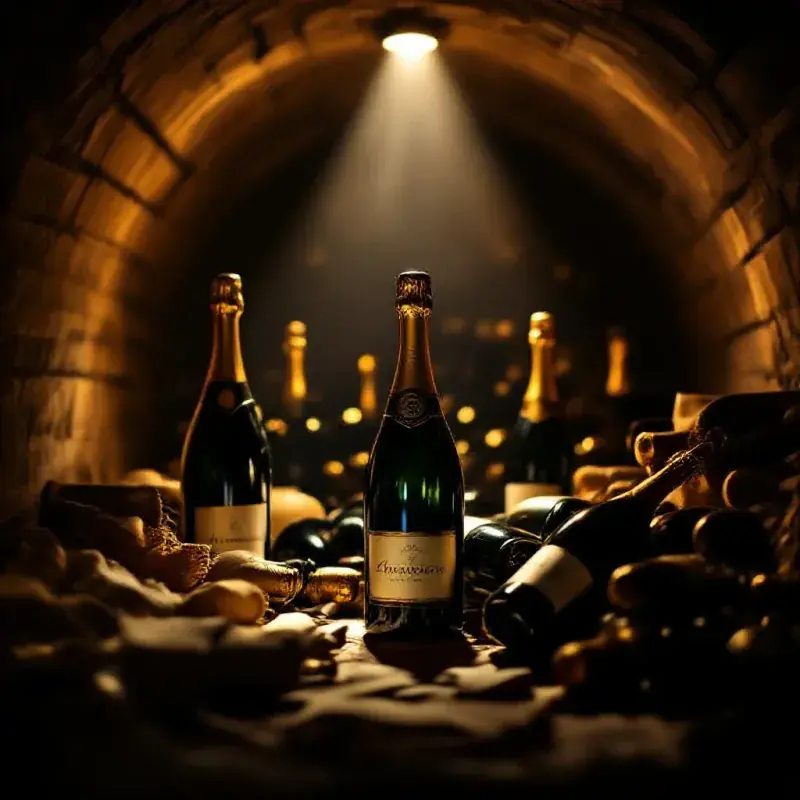 A dimly lit wine cellar with a single beam of