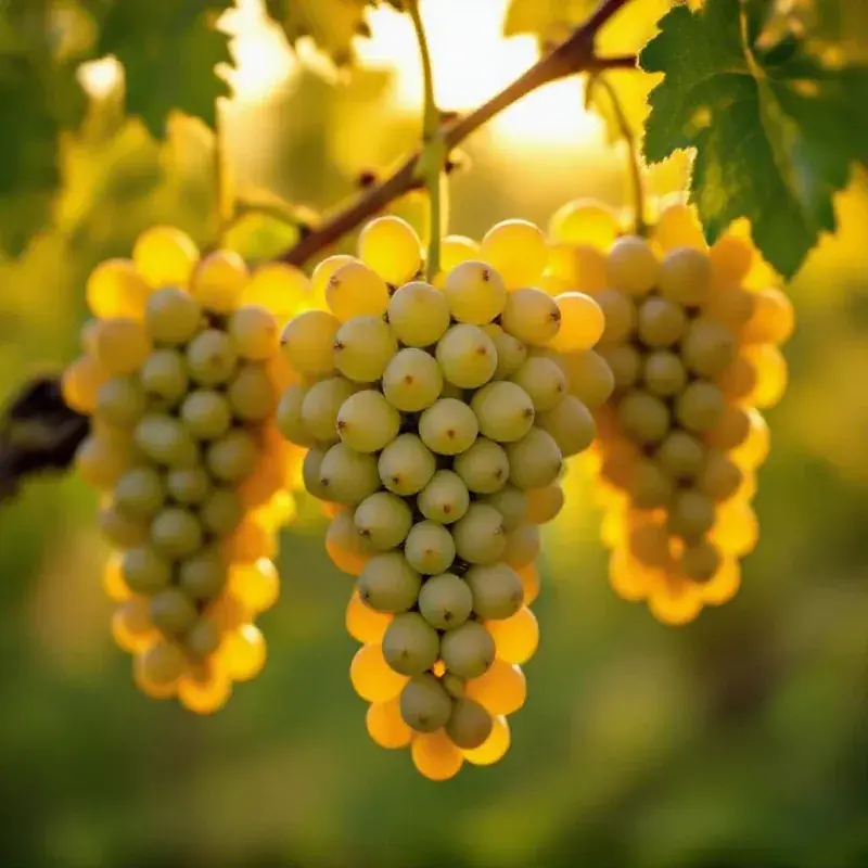 Ripe organic Chardonnay grape clusters hanging from old vines
