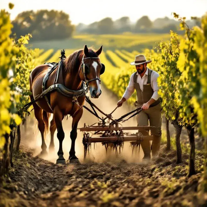 A horse-drawn plow working between vine rows in a champagne